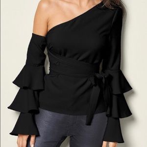 Black off the shoulder blouse & flowy ruffled arms